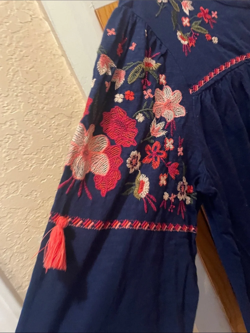 St. John's Bay Navy Tunic with Pink Floral Embroidery - Picture 2 of 7